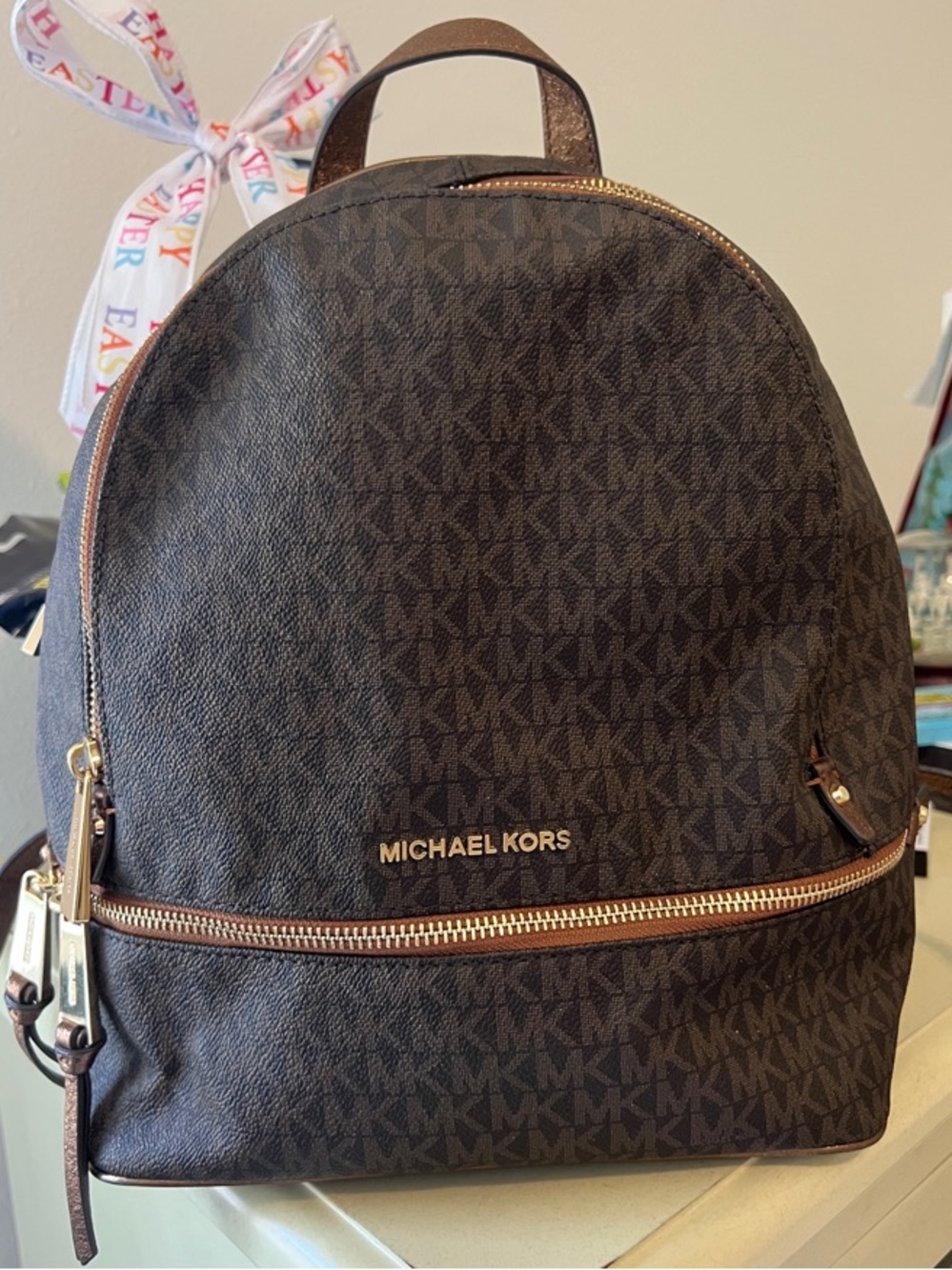 Michael Kors Brown and Gold MK Logo Small Backpack